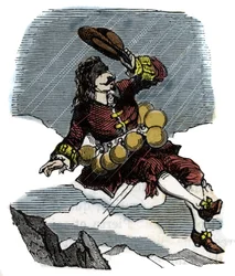 Cyrano de Bergerac rises in the sky thanks to vials of rosee and voyage to the moon, illustration of the novel by Hercules Savinien Cyrano de Bergerac (1619-1655): 