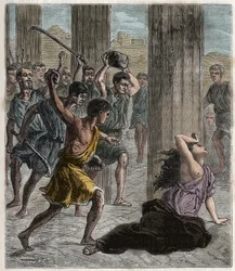 Death of Hypatia - Hypatia (c370-415) female mathematician and philosopher (Neoplatonist) murdered by followers of Cyril, Patriarch of Alexandria - Death of Hypatia - Engraving in 