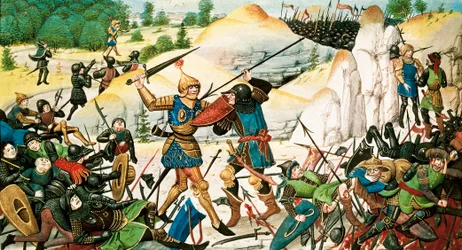 Death of Knight Roland, Nephew of Charlemagne, in the Battle of Roncesvaux (778)