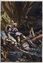 Death of the Knight Roland, nephew of Charlemagne, at the Battle of Roncevaux (778) opposing the Army of Charlemagne and the Saracens - Death of Roland at the battle of Roncevaux Pass, 778 - engraving from “Histoire de France racontée à mes grands-enfants”