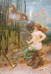 Deep Sea Diver with a Mermaid and a Shark