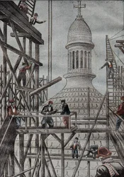 Demonstration of scaffolding unveiling the end of the construction of the dome of the Basilica of Montmartre. Engraving in 