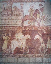 Departure of the Crusader Templar knights in 1163 from their Syrian castle of Krak des Chevaliers for the battle of Boquée