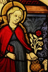 Depicting a detail of the Virgin Mary at the Annunciation, originally from the Upper Rhine