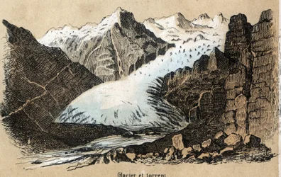 Description of the different types of landscapes and reliefs depending on the geography: detail depicting a glacier (or sea of ice) in a mountain range. Plate 