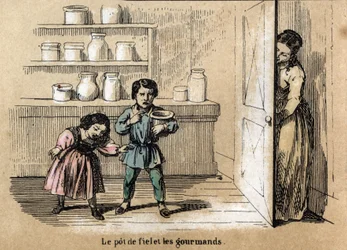 Description of the five senses: (detail) of the taste, two greedy children trapped by their mother who hides a pot with bitter taste among the other sugar jars. Plate 