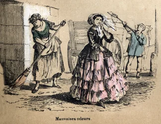 Description of the five senses: smell, a bourgeois clogging her nostrils so as not to smell the bad smells of manure and dung. Plate 