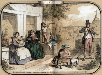 Description of the five senses: the view, from left to right, an infant opening her eyes to her mother, an old woman reading with glasses, a little boy playing with a long view allowing to see from a long distance, another using a microscope