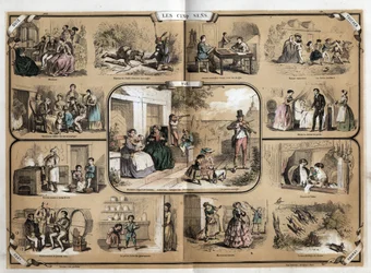 Description of the five senses: view, from left to right and from top to bottom, hearing, touch, smell and taste. Plate 