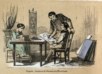 Description of the various products and uses of paper: a drawing and writing court. Plate 