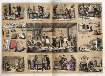 Description of the various products and uses of paper: at the centre are activities in a stationery, making paper from rags, pulp, shapes and press. Various uses, drawing paper, scientist Buffon writing his Natural History, reading public papers (newspaper