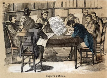 Description of the various products and uses of paper: reading public papers (newspapers). Plate 