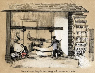 Description of the various stages of manufacture and uses of clay: crushing, peeling and screening of clay. Plate 