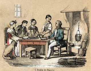 Description of the various stages of manufacture and uses of clay: the use of clay in the poor interns, a family reunited at the table eating in clay plates of mediocre quality. Plate 