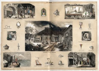 Description of the various stages of manufacture and uses of glass: view of the interior of a glass factory, manufacture of bottles in a glass blower workshop, gilding, polishing and stamping of ice, and various objects (microscope, mirror, glasses, thermo