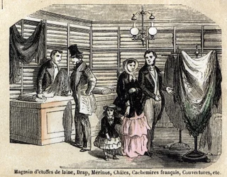 Description of the various uses and products made from sheep: view of a shop of wool fabrics and fabrics, sheets, lime, cashmere. Plate 