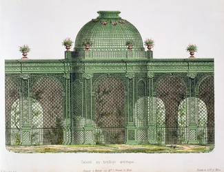 Design for an arcaded trelliswork gallery with a central dome, published for the Bureau de Moniteur des Menusiers, Paris