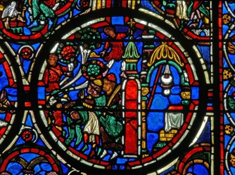 Detail from a window depicting the Passion: Christ being greeted on his entry to Jerusalem