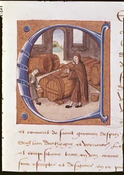 Detail of a historiated initial with an illustration of a vintner at work, from the 