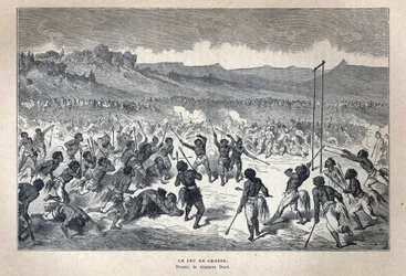 Discovered Canada: Sport. The American Indian lacrosse game. Engraving from the end of the 19th century in 