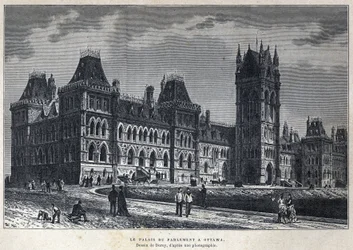 Discover Canada: The Parliament Palace in Ottawa. Drawing by Deroy from a Photograph. Engraving from the End of the 19th Century in La Nouvelle France by Eugene Guenin