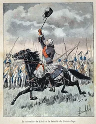 Discovery of Canada: Francois Gaston, Chevalier de Levis encouraging his military troops at the battle of Saint Foy on 27 April 1760 against England. In La Nouvelle France by Eugene Guenin.