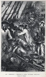 Discovery of Canada: Jacques Pierre de Taffanel de la Jonquiere, French naval officer at the head of the French ship Le Serieux resisted five English ships. Drawing by Sahib. In La Nouvelle France by Eugene Guenin.