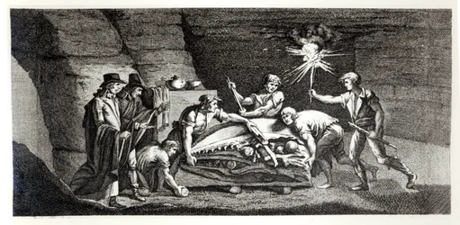 Discovering the bones of a prehistoric animal, illustration from Histoire naturelle de la Montagne Saint-Pierre de Maastricht by Barthelemy Faujas de Saint Fond, 1799