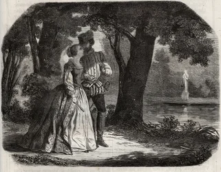 Don Juan discussed with Anne of Austria (1549-1580) his possible union with Prince Don Carlos (1545-1568), son of King Philip II of Spain (1527-1598). Engraving from 1871 in 