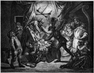 Don Quixote fights the puppets he thinks are Moors. Engraving by V. Beauce after the painting by Charles Antoine Coypel illustrating the novel by Cervantes. In 