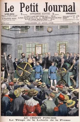 Drawing of the Press Lottery at the offices of the Credit Foncier from France to Paris. Land credit. The Press Lottery Draw. Illustration for Le Petit Journal