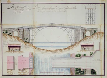 Drawings and Cross section of the Iron Bridge constructed in 1779 at Coalbrookdale, Shropshire, England, 1784