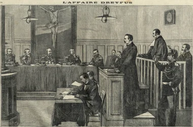 Dreyfus case in 1898: a hearing of the War Council: the trial of Commander Esterhazy. Engraving in 