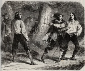 Duel with swords between the Viscount of Cahuzac and the Marquis of Gesvres, whose queen of France Anne of Austria is in love, in the woods of Vincennes. 17th century. Engraving from 1871 in 