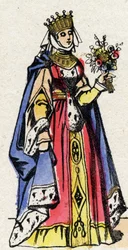 Capetian Dynasty: Portrait of Marguerite of Provence (1221-1295), Queen of France, wife of Louis IX of France (1214-1270). Epinal imaging from the end of the 19th century. Private collection.