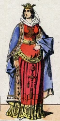 Dynasty of the Carolingians: Portrait of Bertrade or Berthe of Laon known as Berthe au Grand Pied (720-783) Queen of the Franks wife of Pepin le Brief (715-768). Epinal imaging from the end of the 19th century. Private collection.