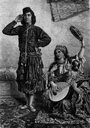 Egyptian musicians and dancers. Man holds cymbals between his fingers. Engraving in Le Journal de la jeunesse
