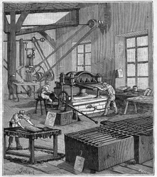 Electroplating - Electroplating workshop of Monsieur Rousset in Paris in the 19th century - Engraving in Sciences set at the door of all - physics and chemistry by Alexis Clerc - End 19th century - Private collection