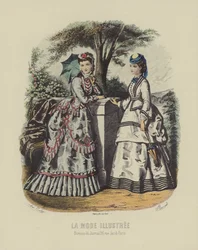 Elegant Women in Period Dress Standing in Garden