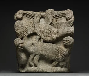 Engaged Capital with a Fantastic Creature and Three Birds, early 1100s