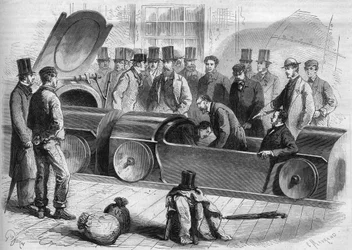 England 1865: London Air Railway. The Duke of Buckingham and Several Members of the Company Began the Pneumatic Journey. Engraving from 1865