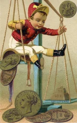 English jockey being weighed in with his saddle and British coinage, from a series of promotional cards on currencies in different countries, published in Paris by Baster & Vieillemard for use by the chocolate producer, Chocolat Ibled