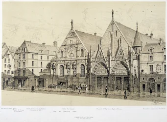 Entrance of the Hotel-Dieu (Hotel Dieu), rue du Marche Palu, in 1590 - in “Paris a travers les ages”