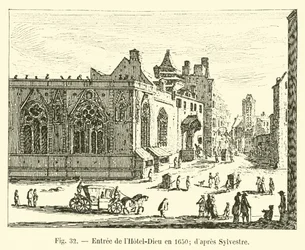 Entrance of the Hotel-Dieu in 1650; after Sylvestre