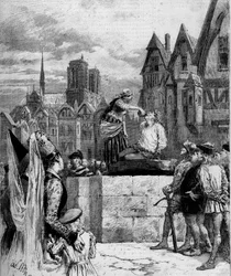 Esmeralda giving a drink in Quasimodo on the Place de Greve. Illustration of Notre Dame de Paris by Victor Hugo. Engraving from 1879