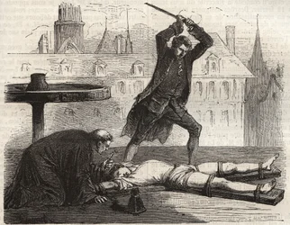 Execution of the poisoner Antoine-Francois Desrues (1744-1777) on the Place des Greves in Paris in 1777 - Punishment of Desrues, broken on the wheel on the Place de Greve in Paris
