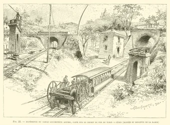 Experiment of the Agudio Locomotive Cable, Conducted on the Turin to Genoa Railway, Ascent and Descent of the Ramp (engraving)