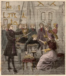 Electrical experiment made on a man by Abbe Jean Antoine Nollet (1700-70) in a physicist cabinet - Engraving in Sciences à la gratete de tous - physics et chimie popu
