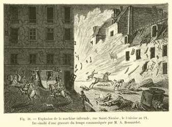 Explosion of the Infernal Machine, Rue Saint-Nicaise, 3 Nivose Year IX, Facsimile of a Contemporary Engraving Communicated by M. A. Bonnardot