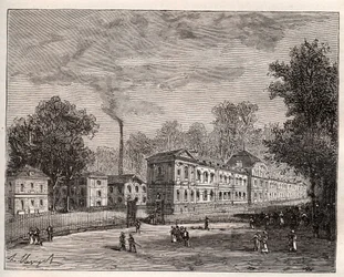 Exterior view of the Imperiale Porcelain Factory of Sevres, built in the park of Saint Cloud following the plans of the architect Laudin - engraving in France illustree: geography, history, statistical administration by V.-A. Malt-Brown. 1884